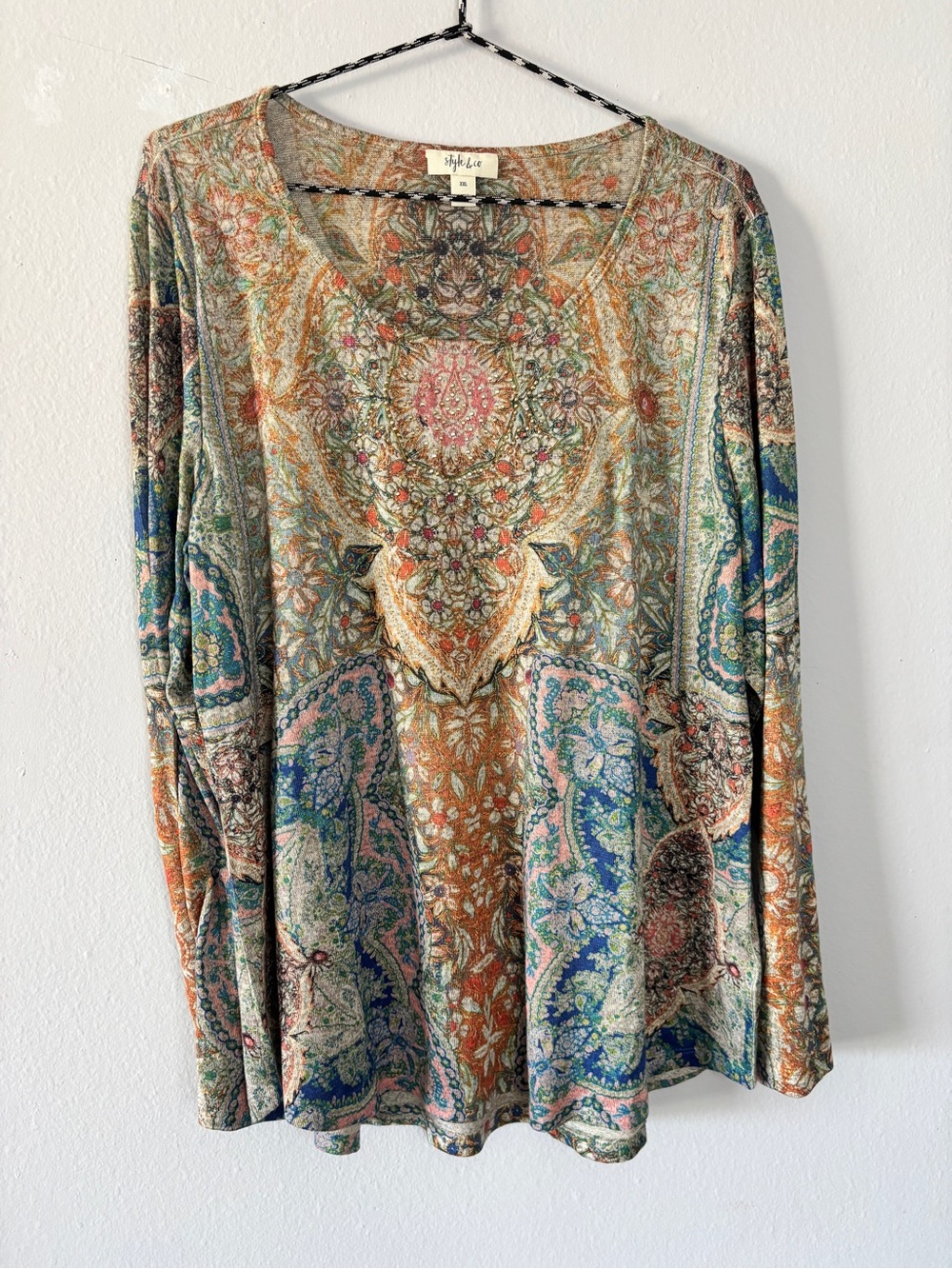 Style & Co Multicolor Paisley Patterned Bedazzled Scoop Neck Long Sleeve Top